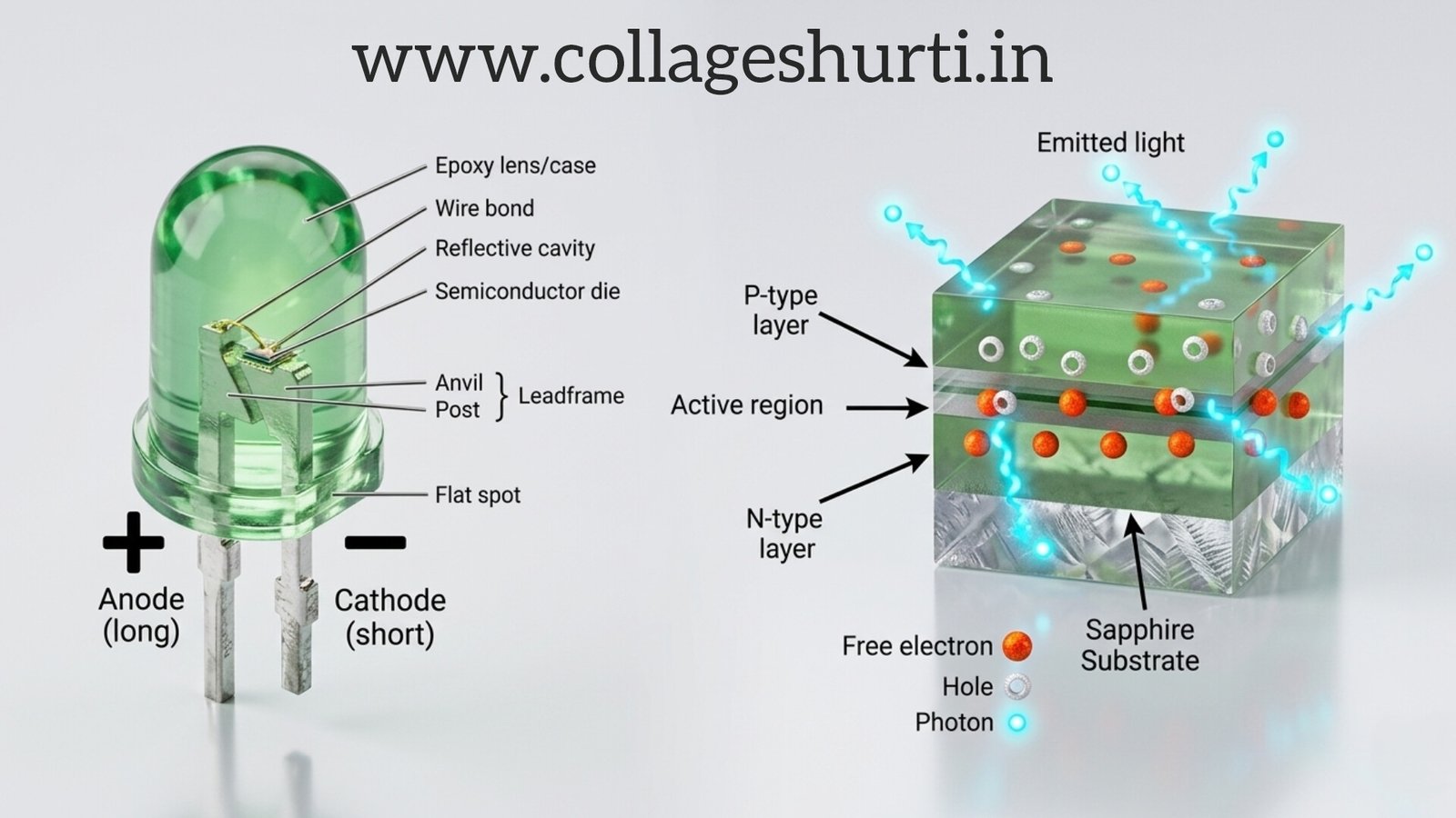 Diode structure (LED type) + PN junction working diagram