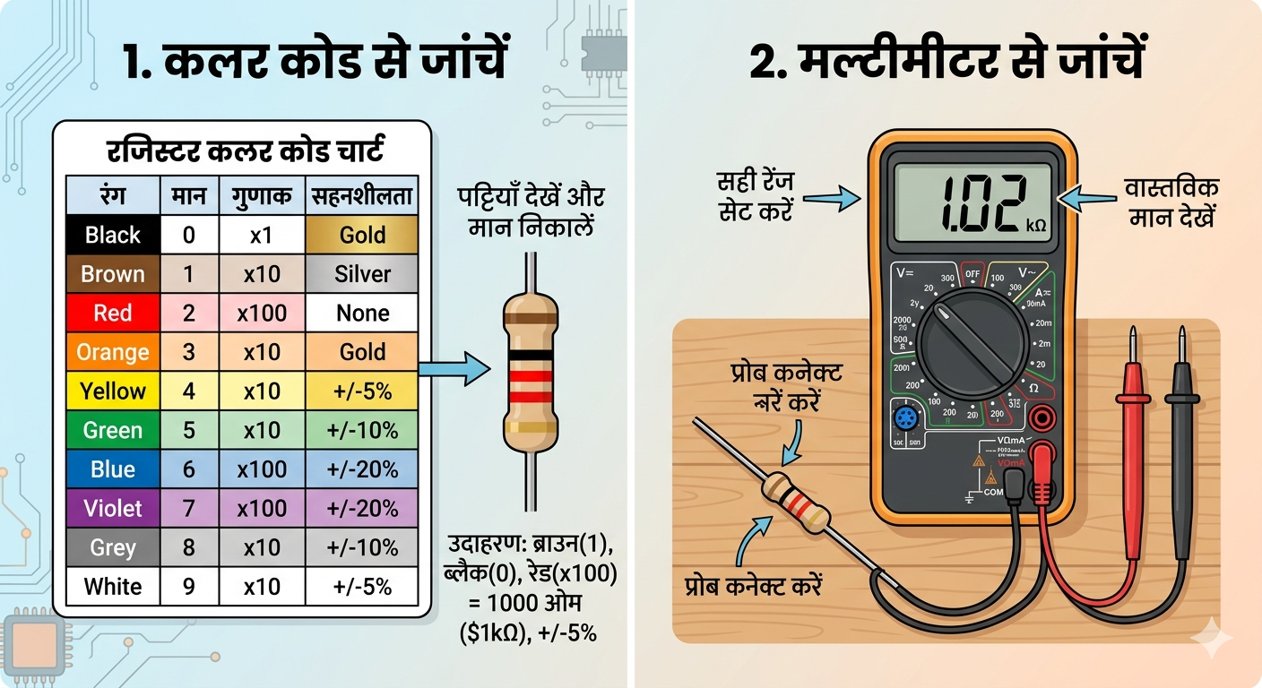 Resistor color code chart and digital multimeter testing guide in Hindi