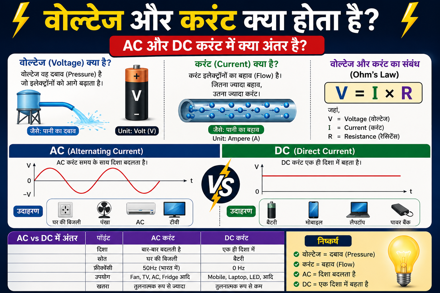 AC vs DC current difference diagram in Hindi