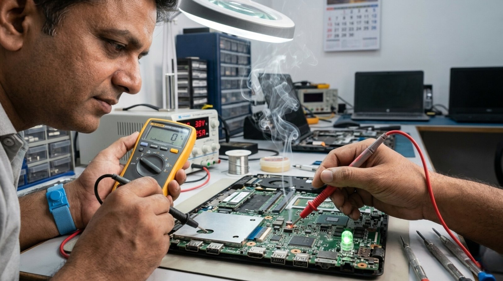 Motherboard par short circuit multimeter aur heating method se check karte hue technician - Hindi Repairing Guide.