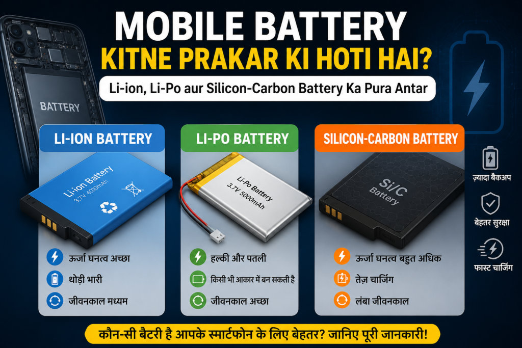 Mobile Battery Kitne Prakar Ki Hoti Hai? Li-ion, Li-Po aur Silicon-Carbon Battery ka comparison aur antar