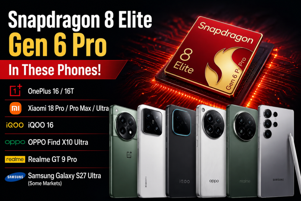 Snapdragon 8 Elite Gen 6 Pro processor supported smartphones including OnePlus 16, Xiaomi 18 Ultra, iQOO 16, OPPO Find X10 Ultra, Realme GT 9 Pro and Samsung Galaxy S27 Ultra